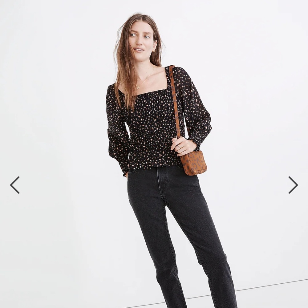 NWT Madewell (Re)sourced Georgette Lucie Bubble-Sleeve Smocked Top in Stem - Picture 2 of 6